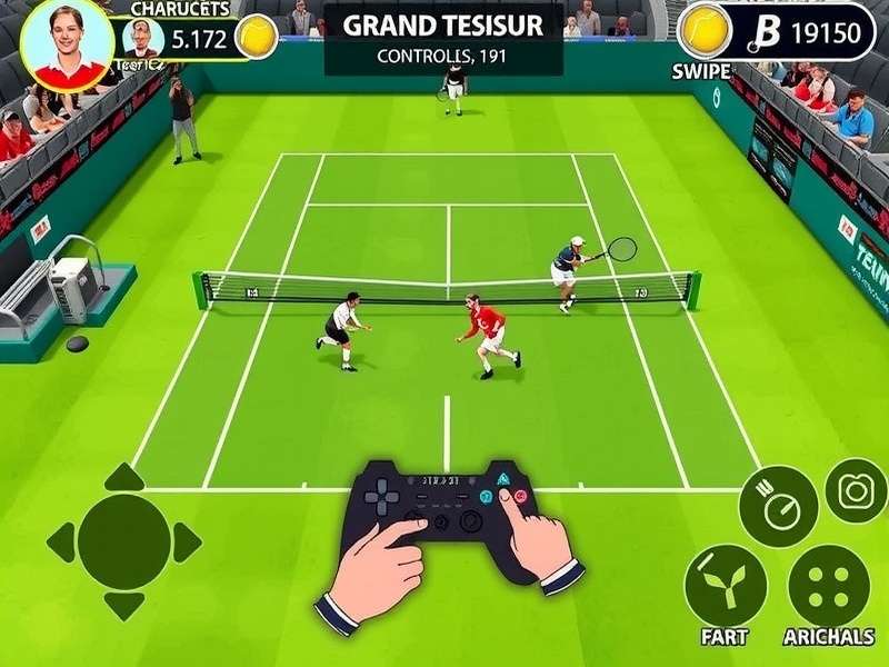 Grand Slam Guru gameplay screenshot showing tennis court action